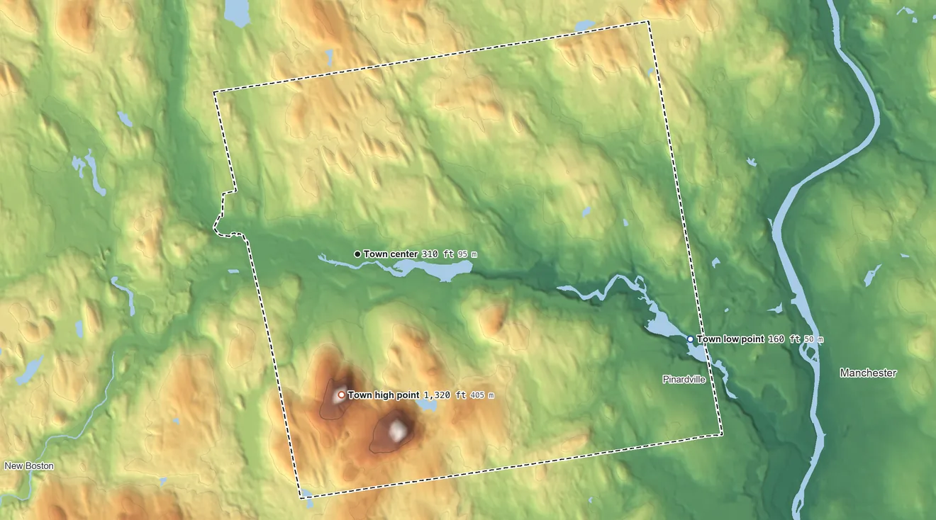 Topographic elevation map of Goffstown, New Hampshire, shaded from 160 ft on the east side to 1,320 ft on North Mountain