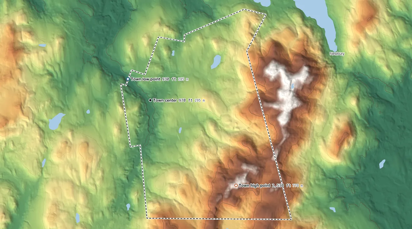 Topographic elevation map of Goshen, New Hampshire, shaded from 930 ft on the northwest side to 2,530 ft on the southeast side