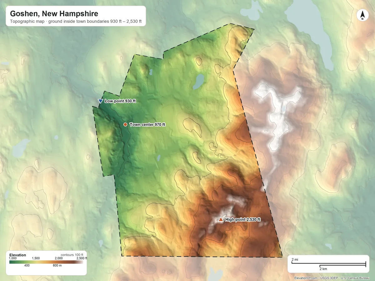 Topographic elevation map of Goshen, New Hampshire, shaded from 930 ft on the northwest side to 2,530 ft on the southeast side