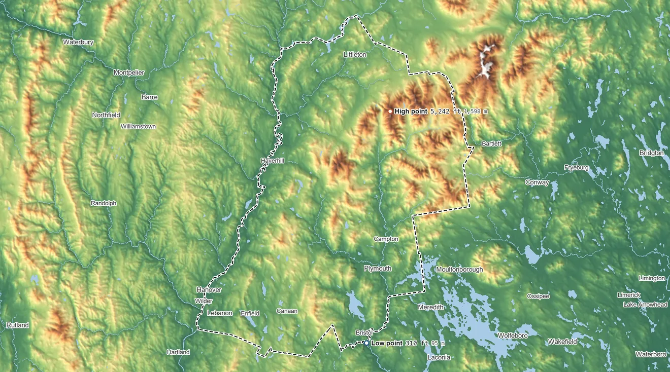 Topographic elevation map of Grafton County, New Hampshire, shaded from 310 ft on the south side to 5,242 ft on Mount Lafayette
