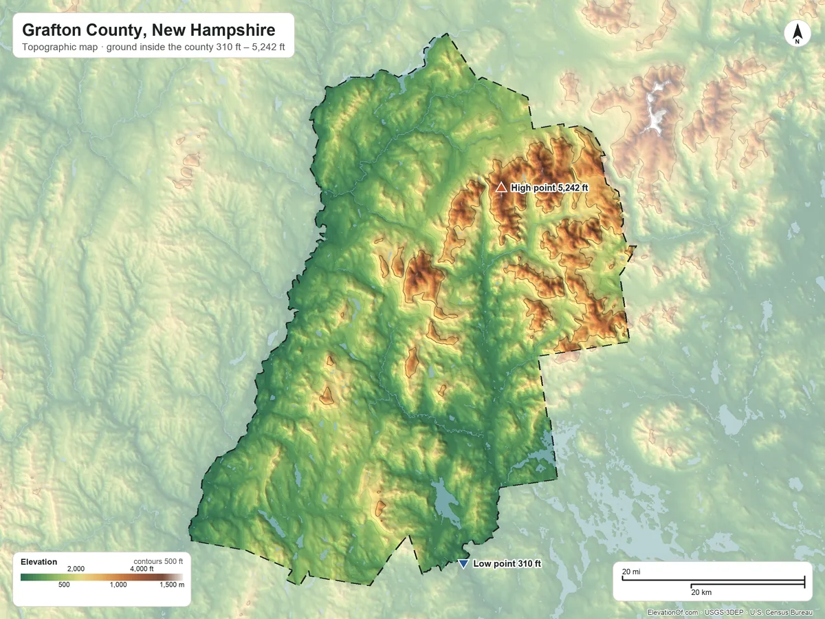 Topographic elevation map of Grafton County, New Hampshire, shaded from 310 ft on the south side to 5,242 ft on Mount Lafayette