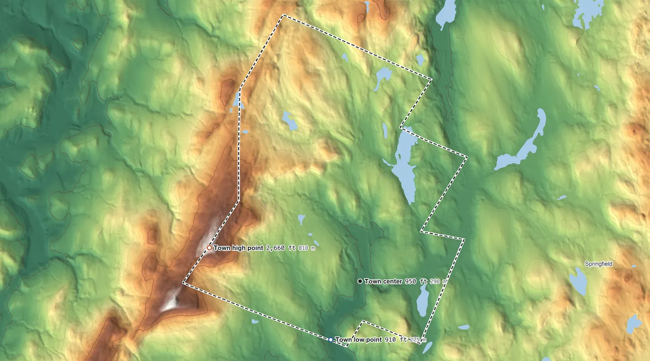 Topographic elevation map of Grantham, New Hampshire, shaded from 910 ft on the southwest side to 2,660 ft on Grantham Mountain