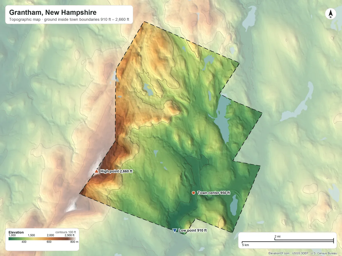 Topographic elevation map of Grantham, New Hampshire, shaded from 910 ft on the southwest side to 2,660 ft on Grantham Mountain