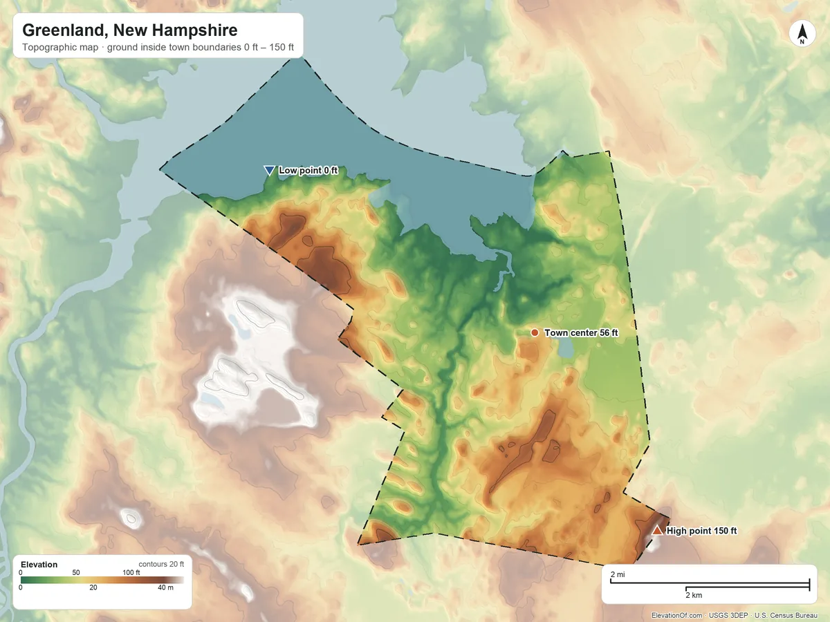 Topographic elevation map of Greenland, New Hampshire, shaded from 0 ft on the northwest side to 150 ft on Breakfast Hill