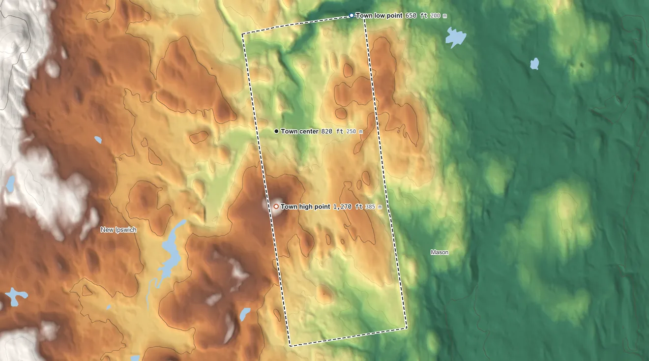 Topographic elevation map of Greenville, New Hampshire, shaded from 650 ft on the northeast side to 1,271 ft on Barrett Hill