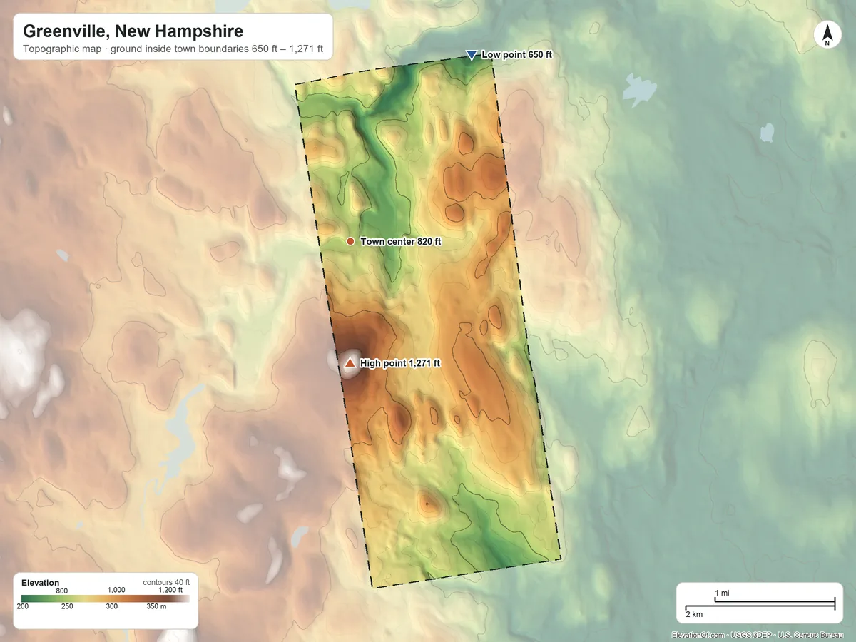 Topographic elevation map of Greenville, New Hampshire, shaded from 650 ft on the northeast side to 1,271 ft on Barrett Hill