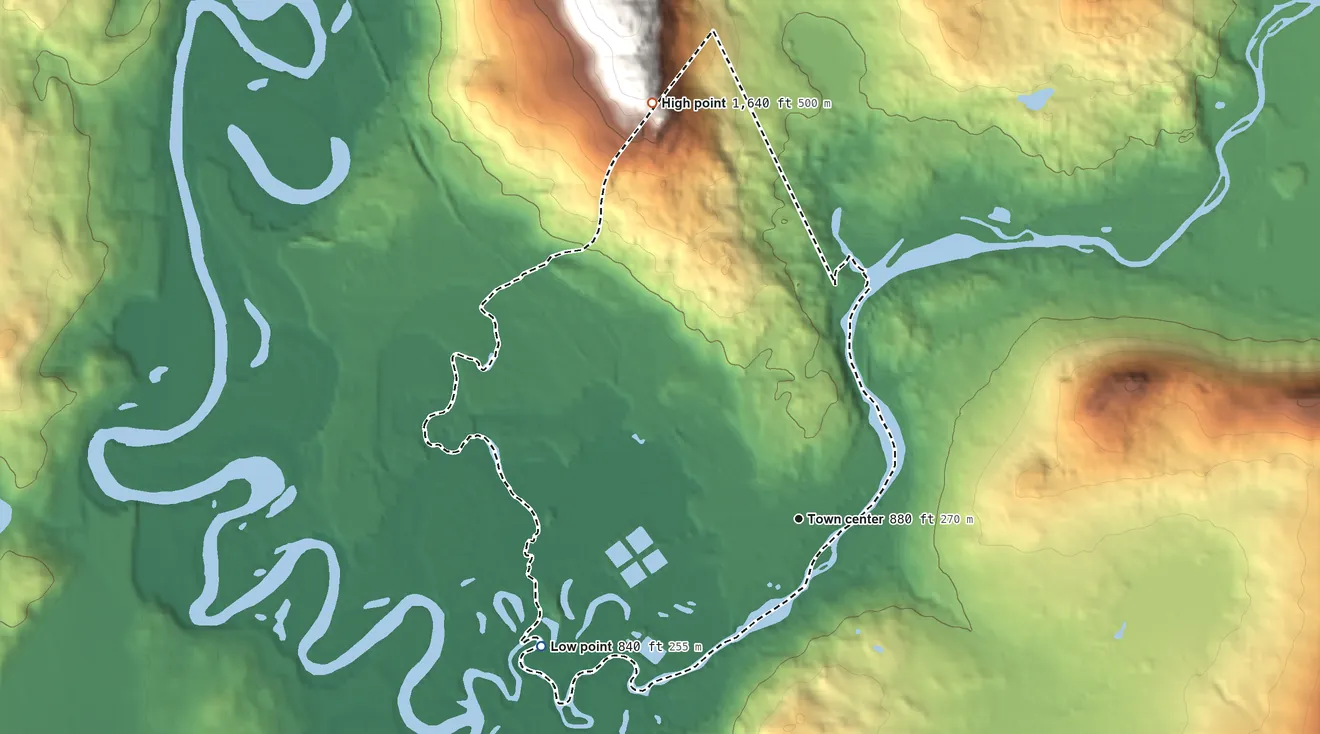 Topographic elevation map of Groveton, New Hampshire, shaded from 840 ft on the southwest side to 1,640 ft on the north side