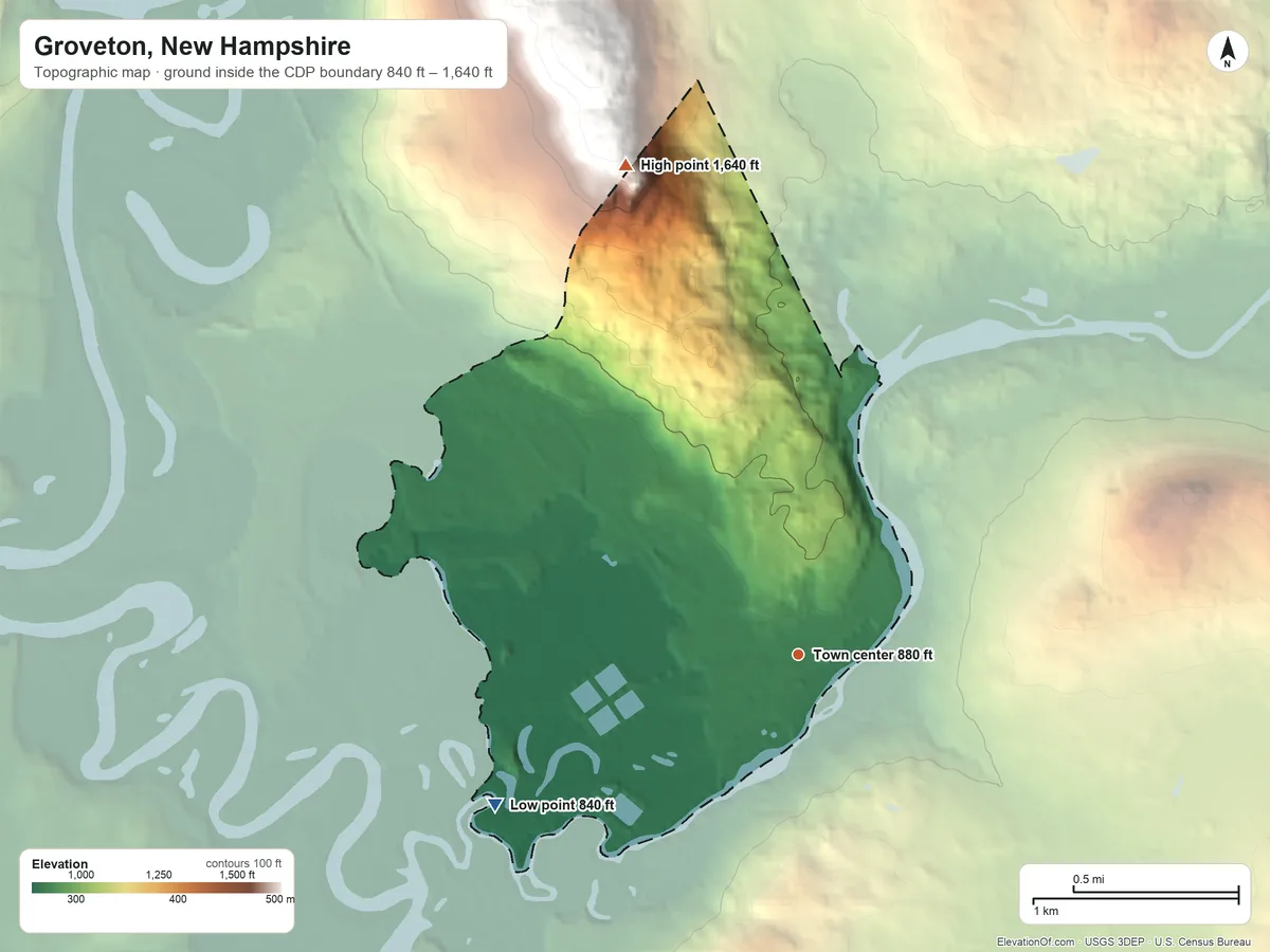 Topographic elevation map of Groveton, New Hampshire, shaded from 840 ft on the southwest side to 1,640 ft on the north side