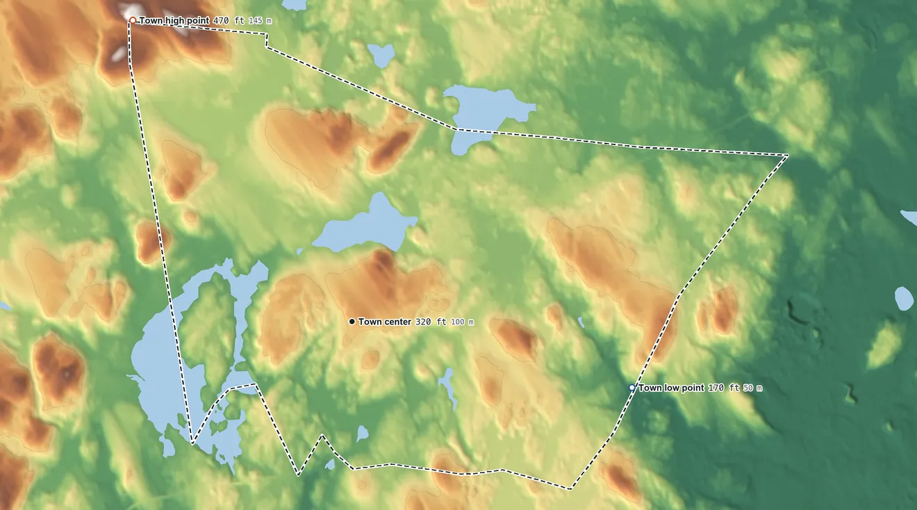 Topographic elevation map of Hampstead, New Hampshire, shaded from 170 ft on the east side to 470 ft on the northwest edge, below higher ground just outside