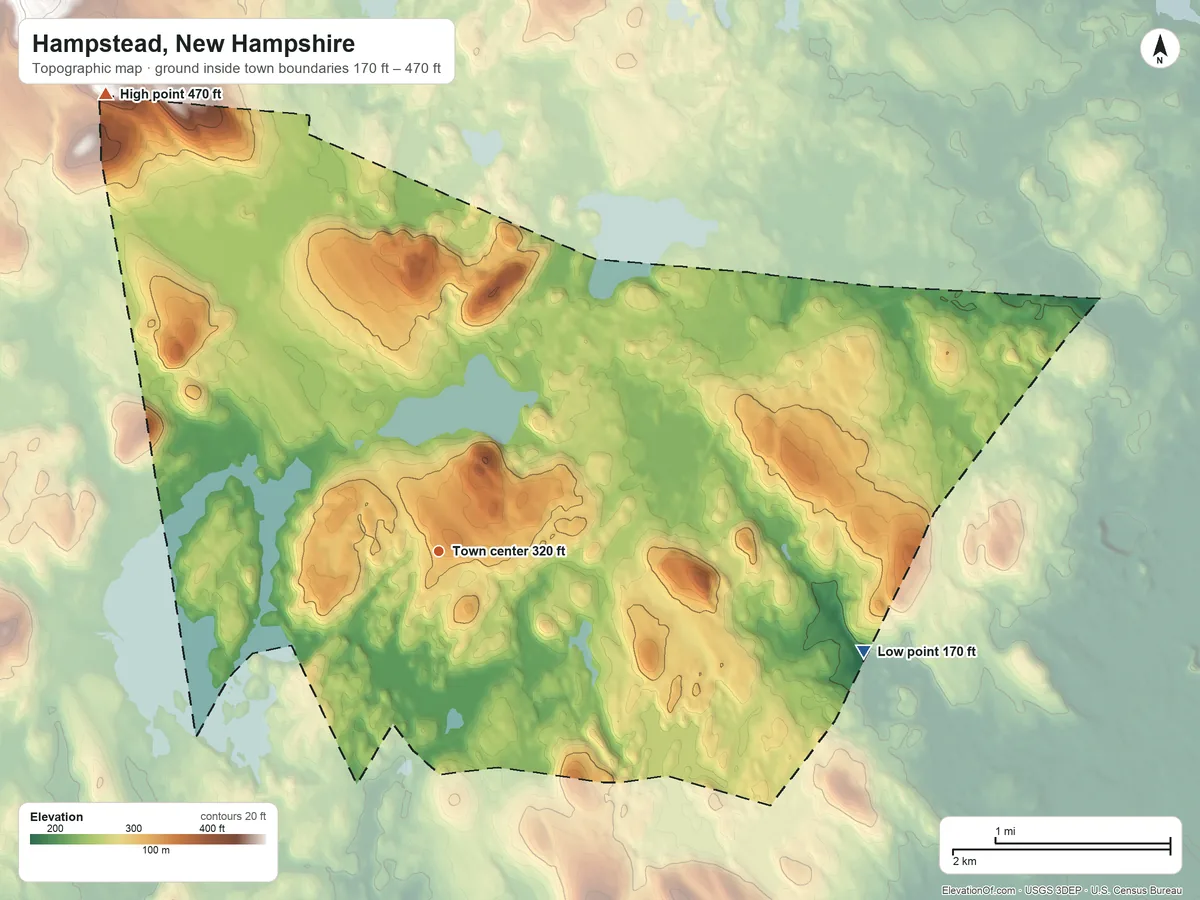 Topographic elevation map of Hampstead, New Hampshire, shaded from 170 ft on the east side to 470 ft on the northwest edge, below higher ground just outside