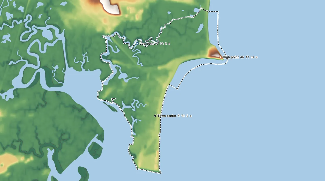 Topographic elevation map of Hampton Beach, New Hampshire, shaded from sea level level on the Atlantic Ocean to 46 ft on the northeast side