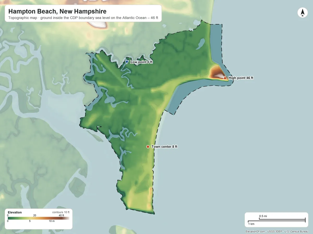 Topographic elevation map of Hampton Beach, New Hampshire, shaded from sea level level on the Atlantic Ocean to 46 ft on the northeast side