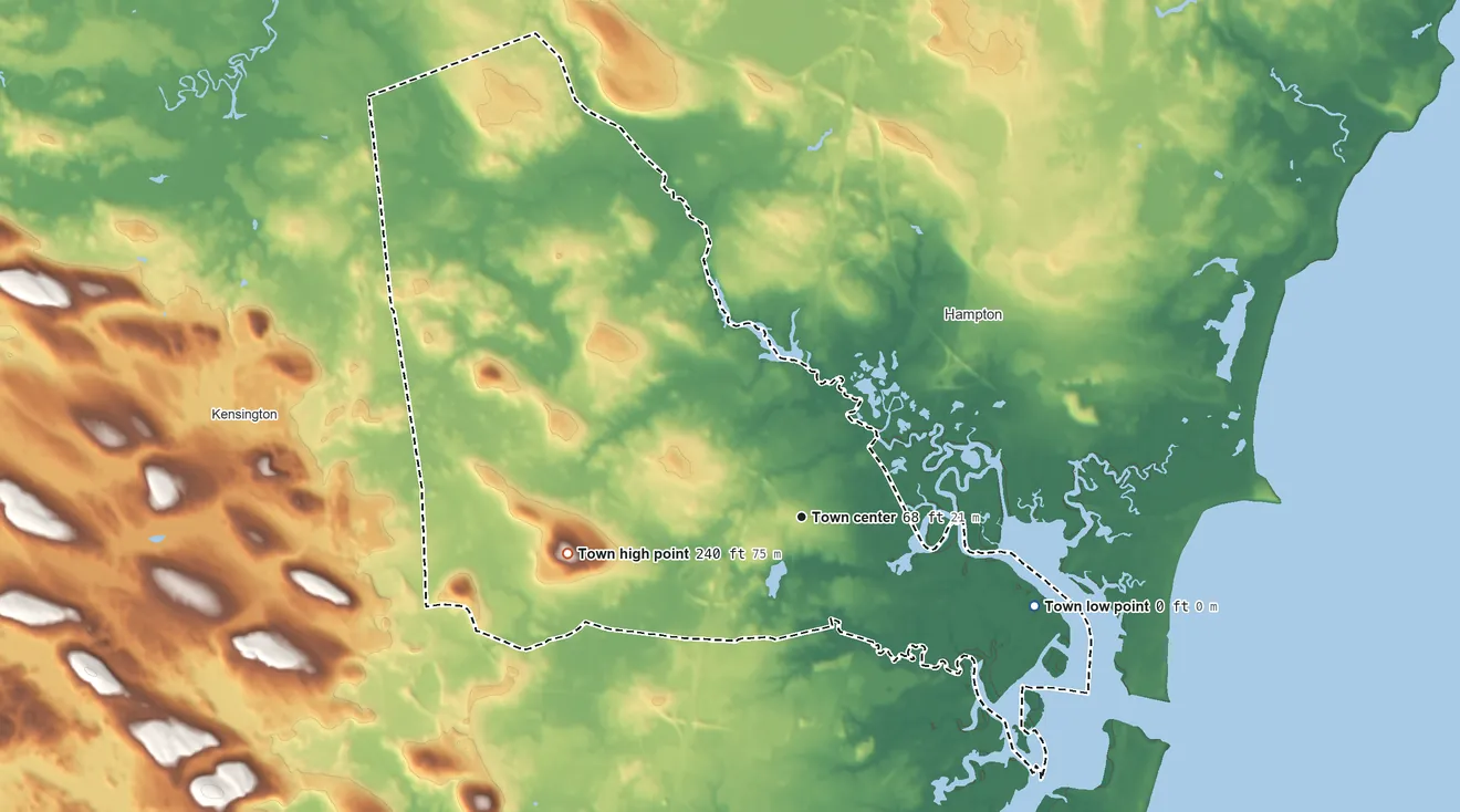 Topographic elevation map of Hampton Falls, New Hampshire, shaded from 0 ft on the east side to 240 ft on Great Hill