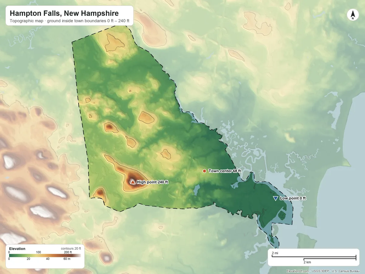 Topographic elevation map of Hampton Falls, New Hampshire, shaded from 0 ft on the east side to 240 ft on Great Hill
