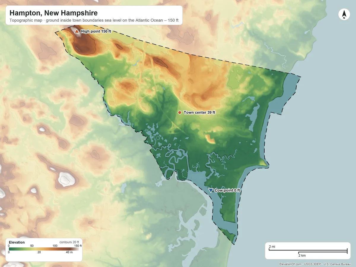 Topographic elevation map of Hampton, New Hampshire, shaded from sea level level on the Atlantic Ocean to 150 ft on Bride Hill