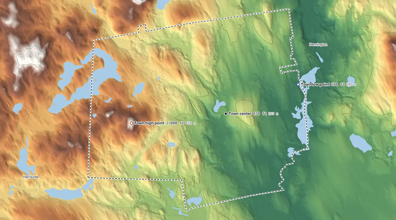 Topographic elevation map of Hancock, New Hampshire, shaded from 680 ft on the east side to 2,000 ft on Skatutakee Mountain