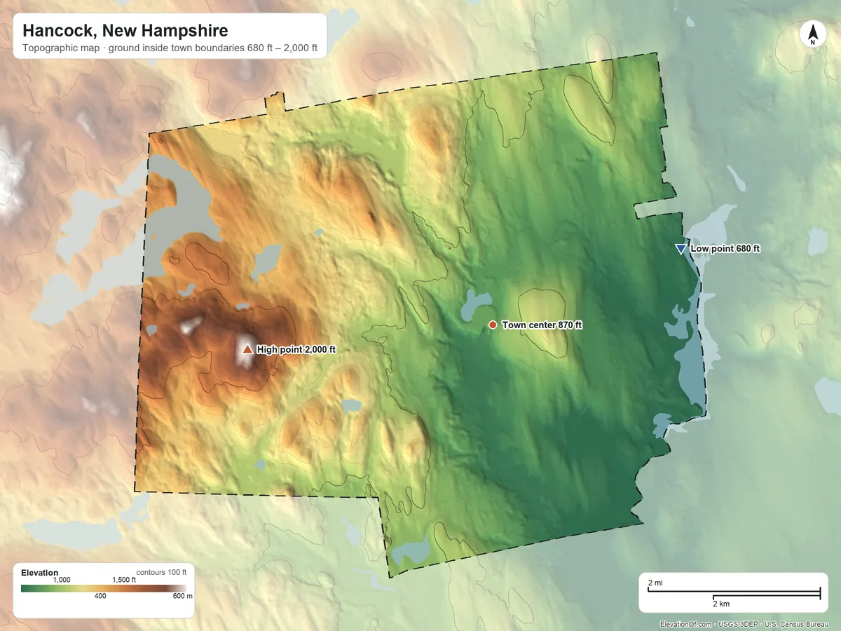 Topographic elevation map of Hancock, New Hampshire, shaded from 680 ft on the east side to 2,000 ft on Skatutakee Mountain