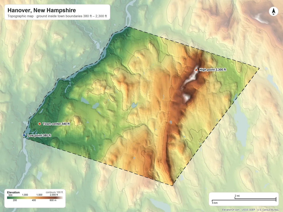 Topographic elevation map of Hanover, New Hampshire, shaded from 380 ft near the middle to 2,300 ft on the east side