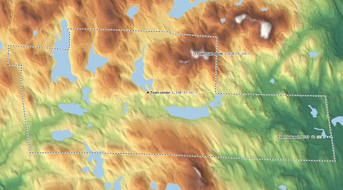 Topographic elevation map of Harrisville, New Hampshire, shaded from 940 ft on the east side to 1,910 ft on Cobb Hill