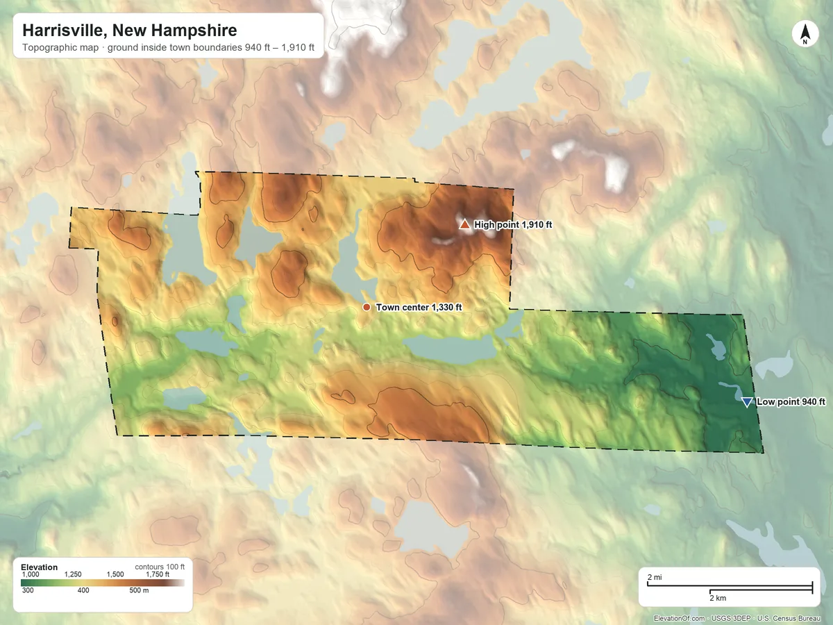 Topographic elevation map of Harrisville, New Hampshire, shaded from 940 ft on the east side to 1,910 ft on Cobb Hill