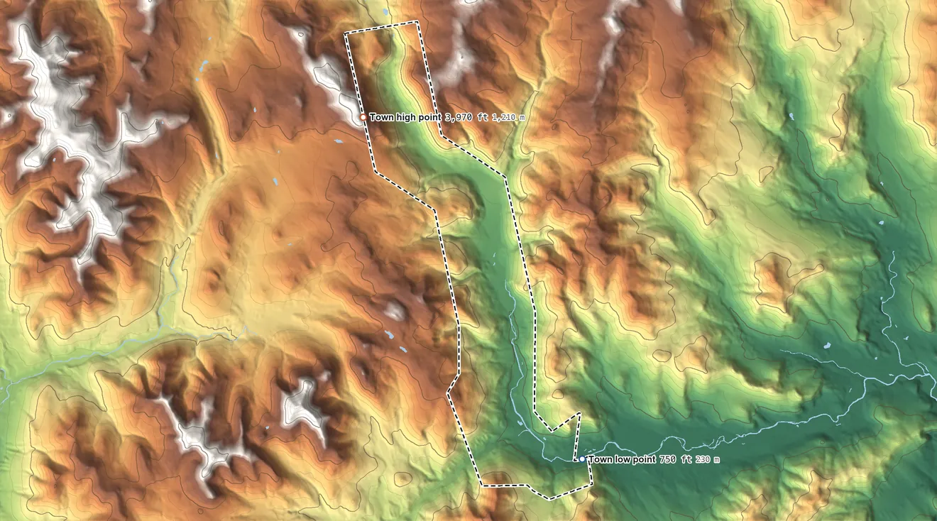 Topographic elevation map of Hart's Location, New Hampshire, shaded from 750 ft on the southeast side to 3,970 ft on the northwest edge, below higher ground just outside