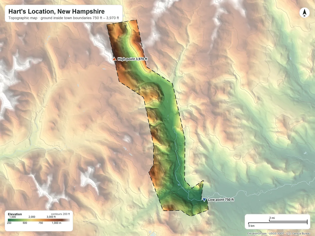 Topographic elevation map of Hart's Location, New Hampshire, shaded from 750 ft on the southeast side to 3,970 ft on the northwest edge, below higher ground just outside