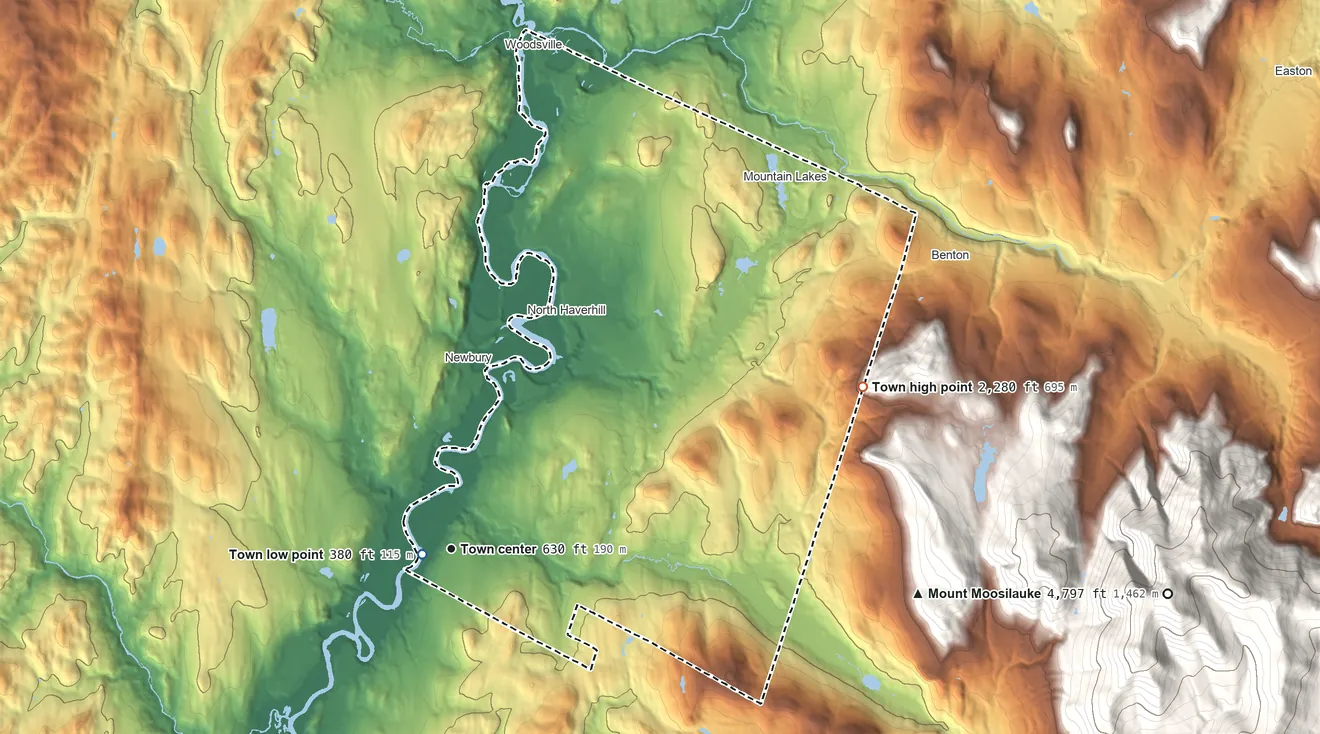 Topographic elevation map of Haverhill, New Hampshire, shaded from 380 ft near the middle to 2,280 ft on the east edge, below higher ground just outside