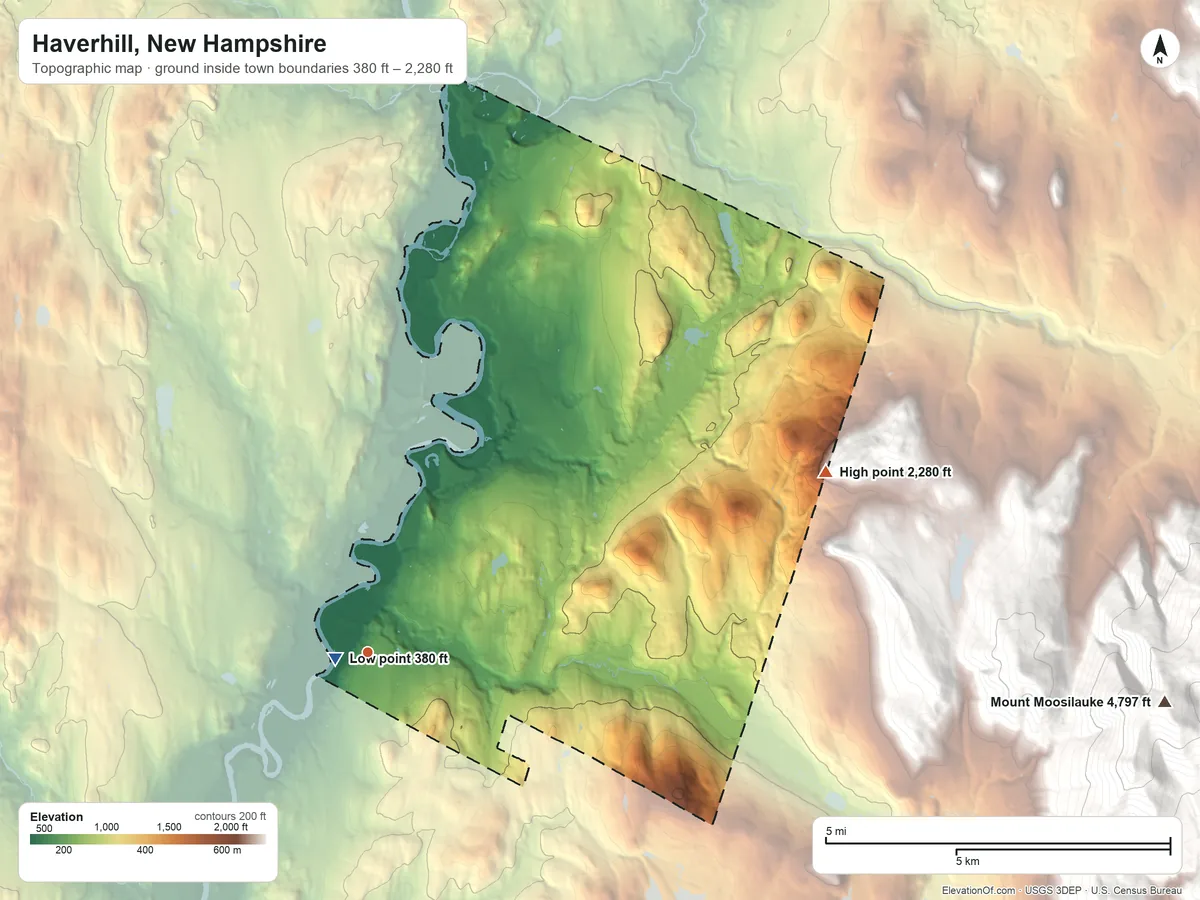 Topographic elevation map of Haverhill, New Hampshire, shaded from 380 ft near the middle to 2,280 ft on the east edge, below higher ground just outside
