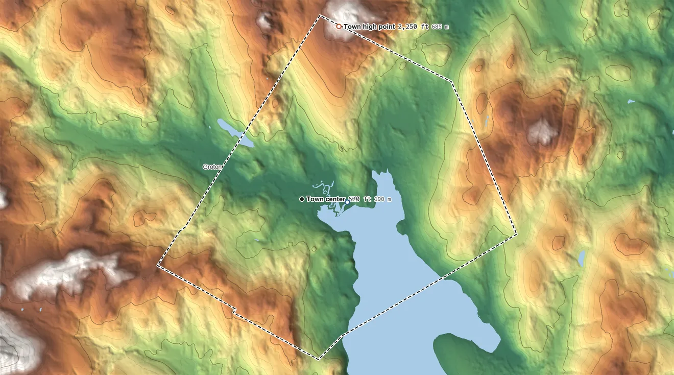 Topographic elevation map of Hebron, New Hampshire, shaded from 590 ft near the middle to 2,250 ft on the north edge, below higher ground just outside