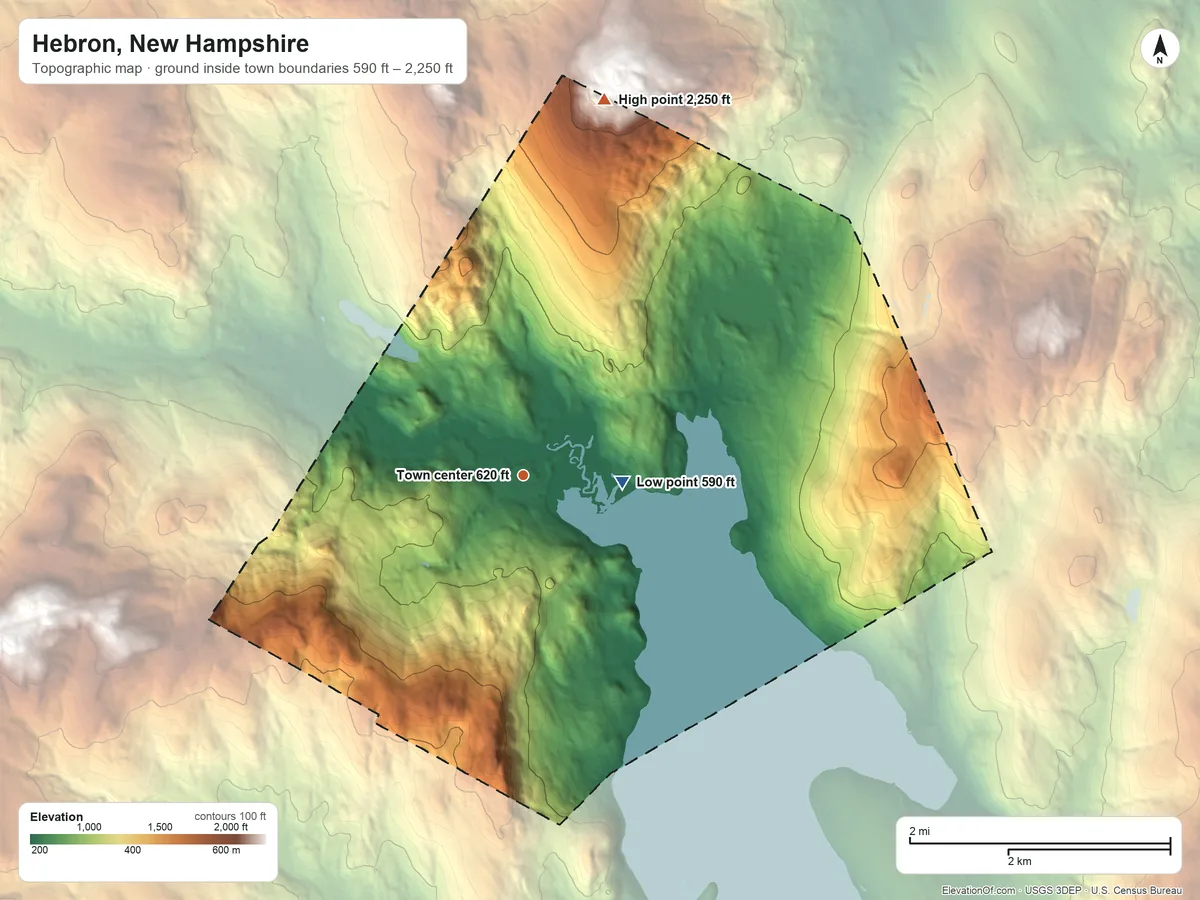 Topographic elevation map of Hebron, New Hampshire, shaded from 590 ft near the middle to 2,250 ft on the north edge, below higher ground just outside