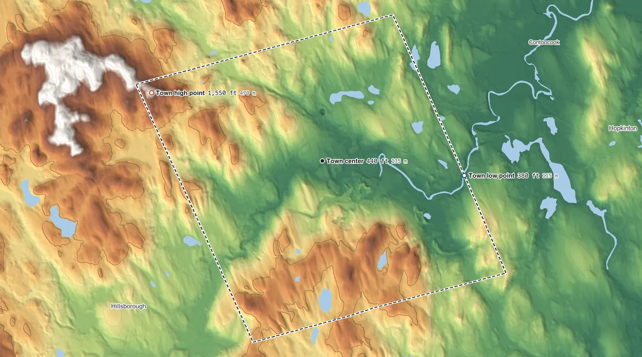 Topographic elevation map of Henniker, New Hampshire, shaded from 380 ft on the east side to 1,550 ft on the west edge, below higher ground just outside