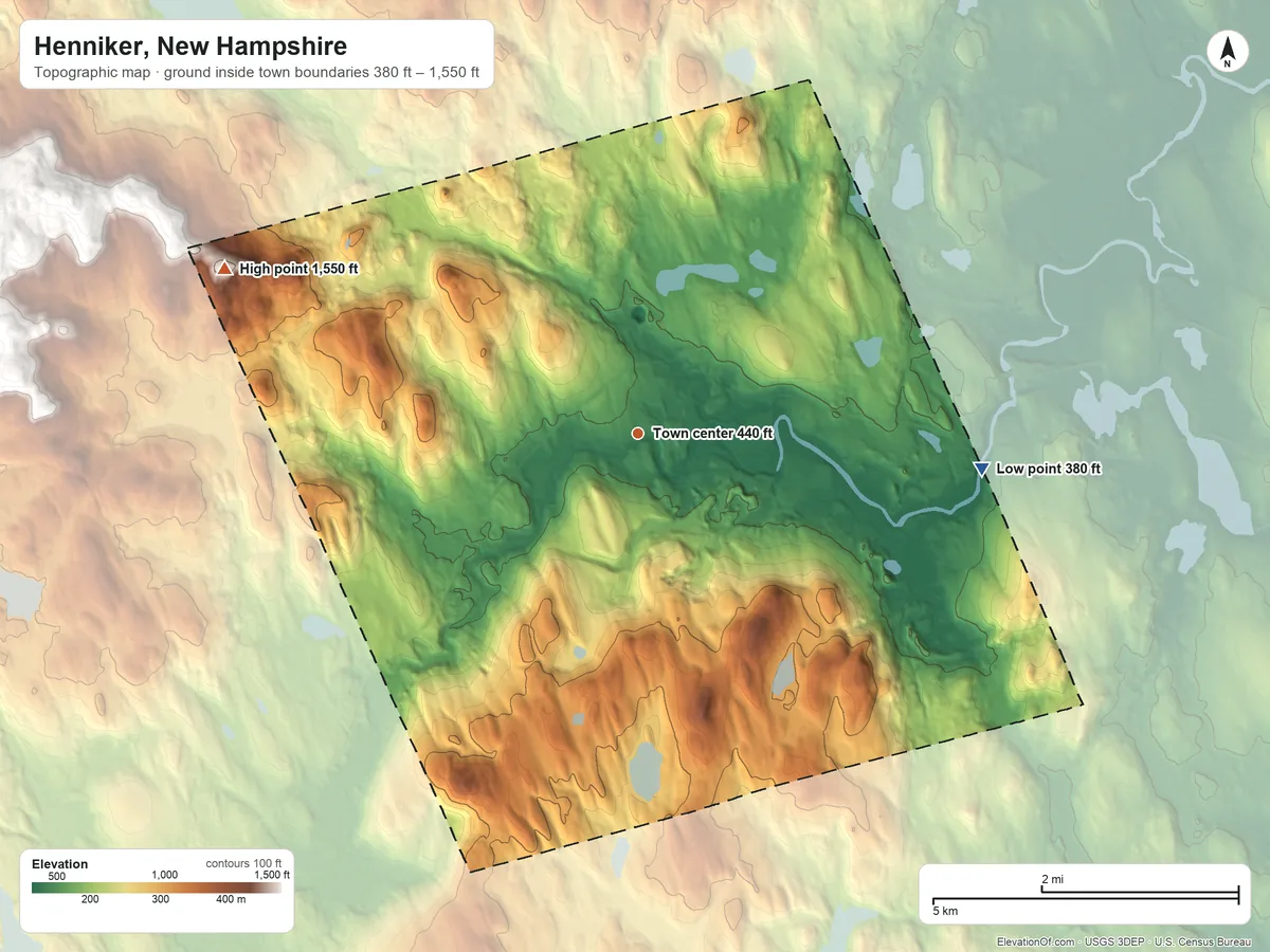Topographic elevation map of Henniker, New Hampshire, shaded from 380 ft on the east side to 1,550 ft on the west edge, below higher ground just outside