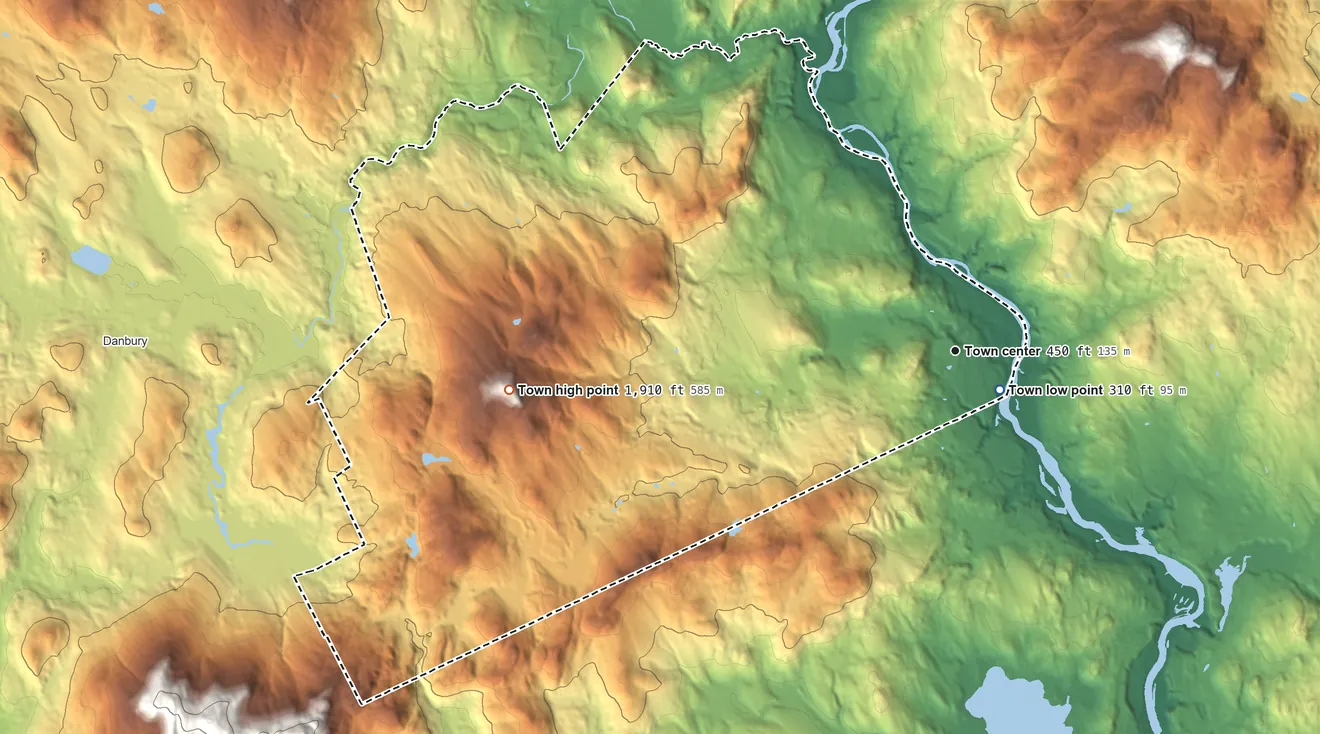 Topographic elevation map of Hill, New Hampshire, shaded from 310 ft near the middle to 1,910 ft on Dickinson Hill