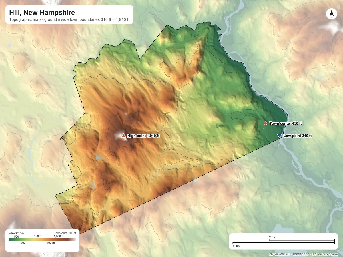Topographic elevation map of Hill, New Hampshire, shaded from 310 ft near the middle to 1,910 ft on Dickinson Hill