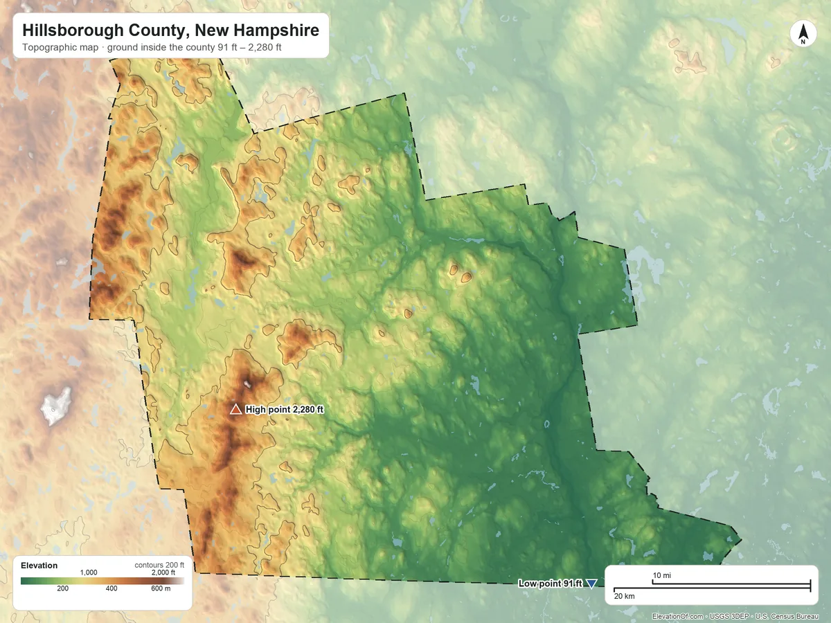 Topographic elevation map of Hillsborough County, New Hampshire, shaded from 91 ft on the southeast side to 2,280 ft on Pack Monadnock Mountain
