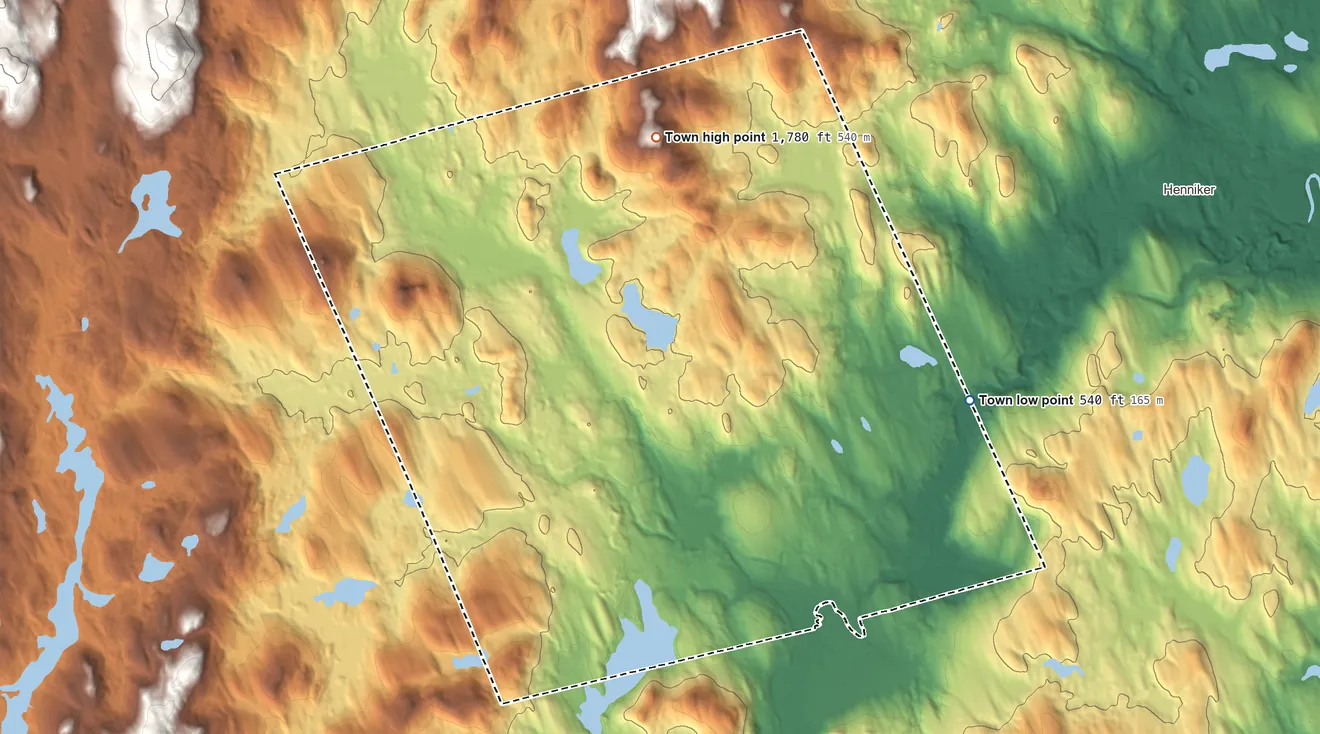 Topographic elevation map of Hillsborough, New Hampshire, shaded from 540 ft on the northeast side to 1,780 ft on Thompson Hill