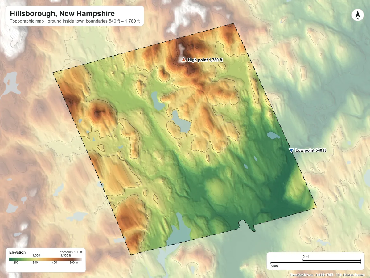 Topographic elevation map of Hillsborough, New Hampshire, shaded from 540 ft on the northeast side to 1,780 ft on Thompson Hill