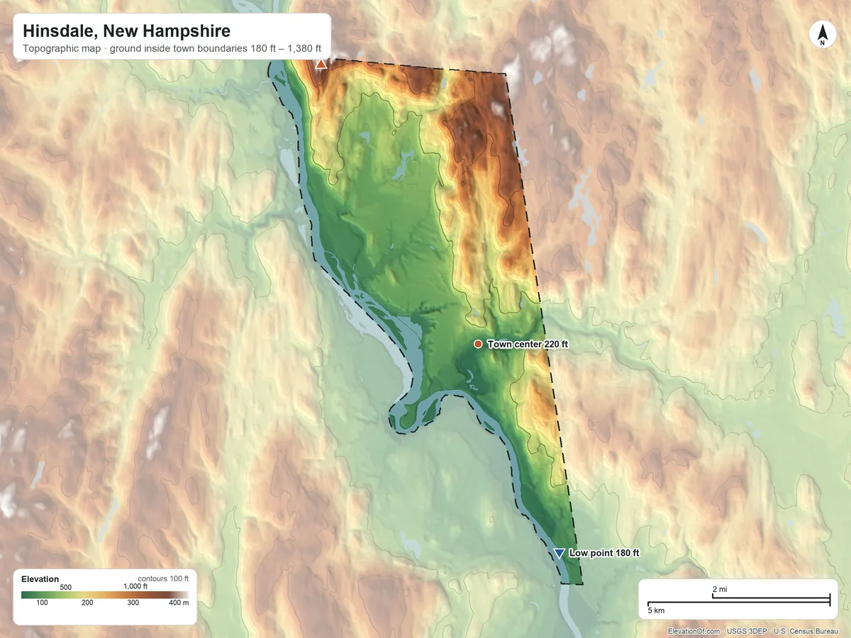 Topographic elevation map of Hinsdale, New Hampshire, shaded from 180 ft on the south side to 1,380 ft on Wantastiquet Mountain
