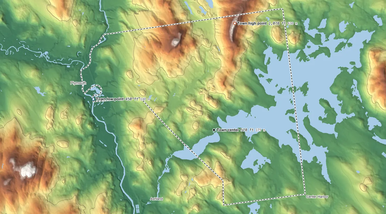 Topographic elevation map of Holderness, New Hampshire, shaded from 450 ft on the west side to 2,070 ft on Mount Webster