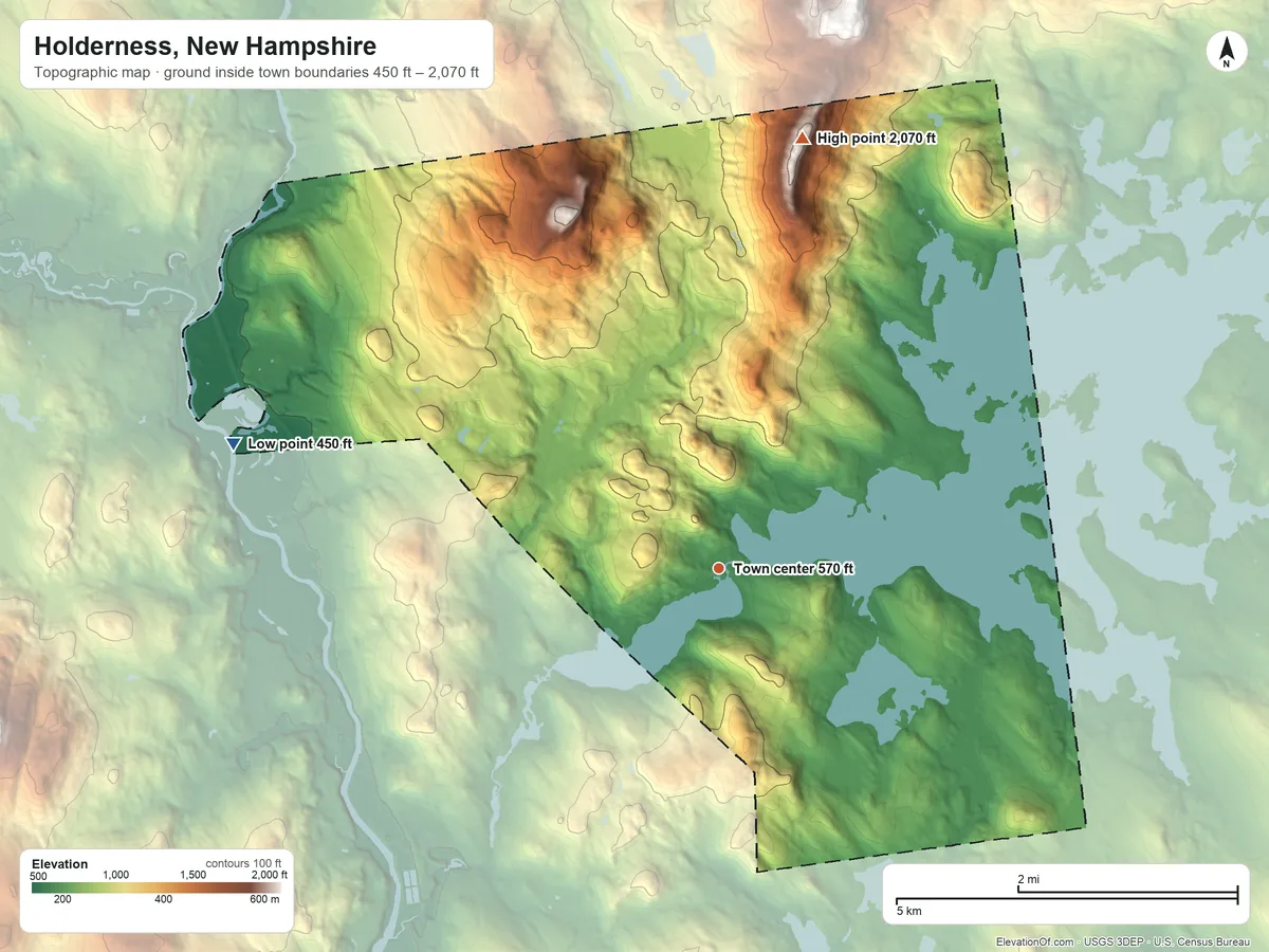Topographic elevation map of Holderness, New Hampshire, shaded from 450 ft on the west side to 2,070 ft on Mount Webster
