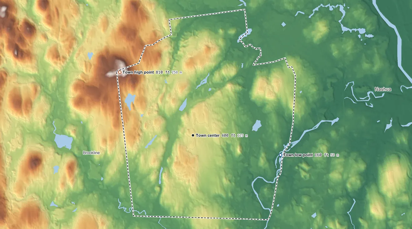 Topographic elevation map of Hollis, New Hampshire, shaded from 160 ft on the east side to 810 ft on Birch Hill