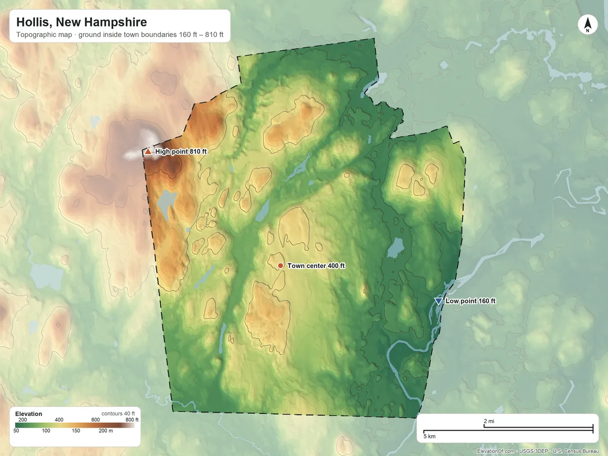Topographic elevation map of Hollis, New Hampshire, shaded from 160 ft on the east side to 810 ft on Birch Hill