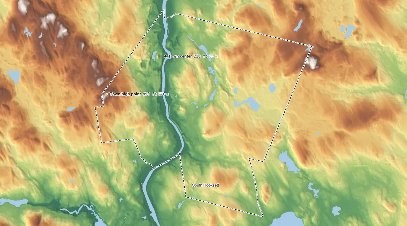 Topographic elevation map of Hooksett, New Hampshire, shaded from 180 ft on the south side to 890 ft on the southwest side