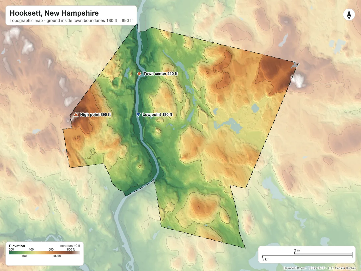 Topographic elevation map of Hooksett, New Hampshire, shaded from 180 ft on the south side to 890 ft on the southwest side