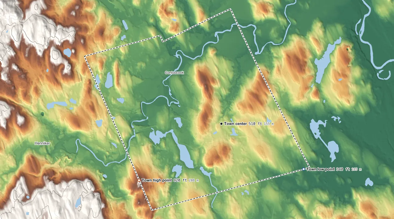 Topographic elevation map of Hopkinton, New Hampshire, shaded from 340 ft on the southeast side to 920 ft on Shaker Hill