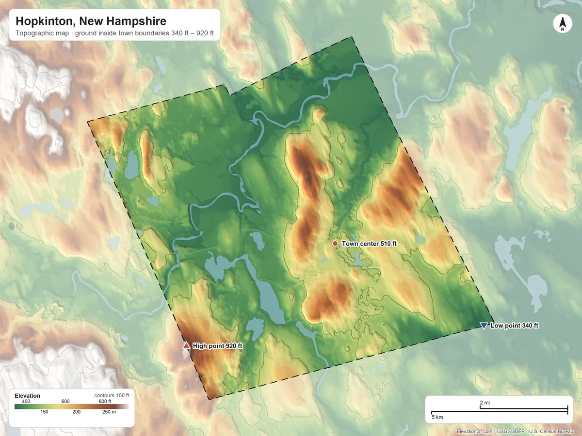 Topographic elevation map of Hopkinton, New Hampshire, shaded from 340 ft on the southeast side to 920 ft on Shaker Hill