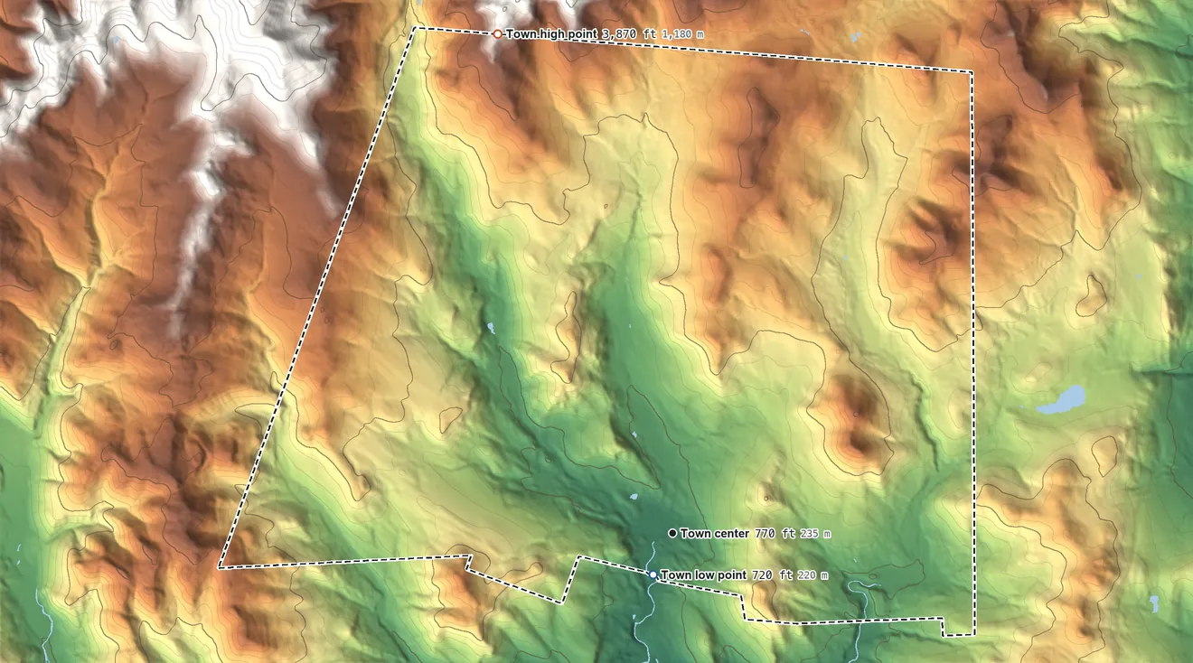 Topographic elevation map of Jackson, New Hampshire, shaded from 720 ft near the middle to 3,870 ft at the foot of the Presidential Range