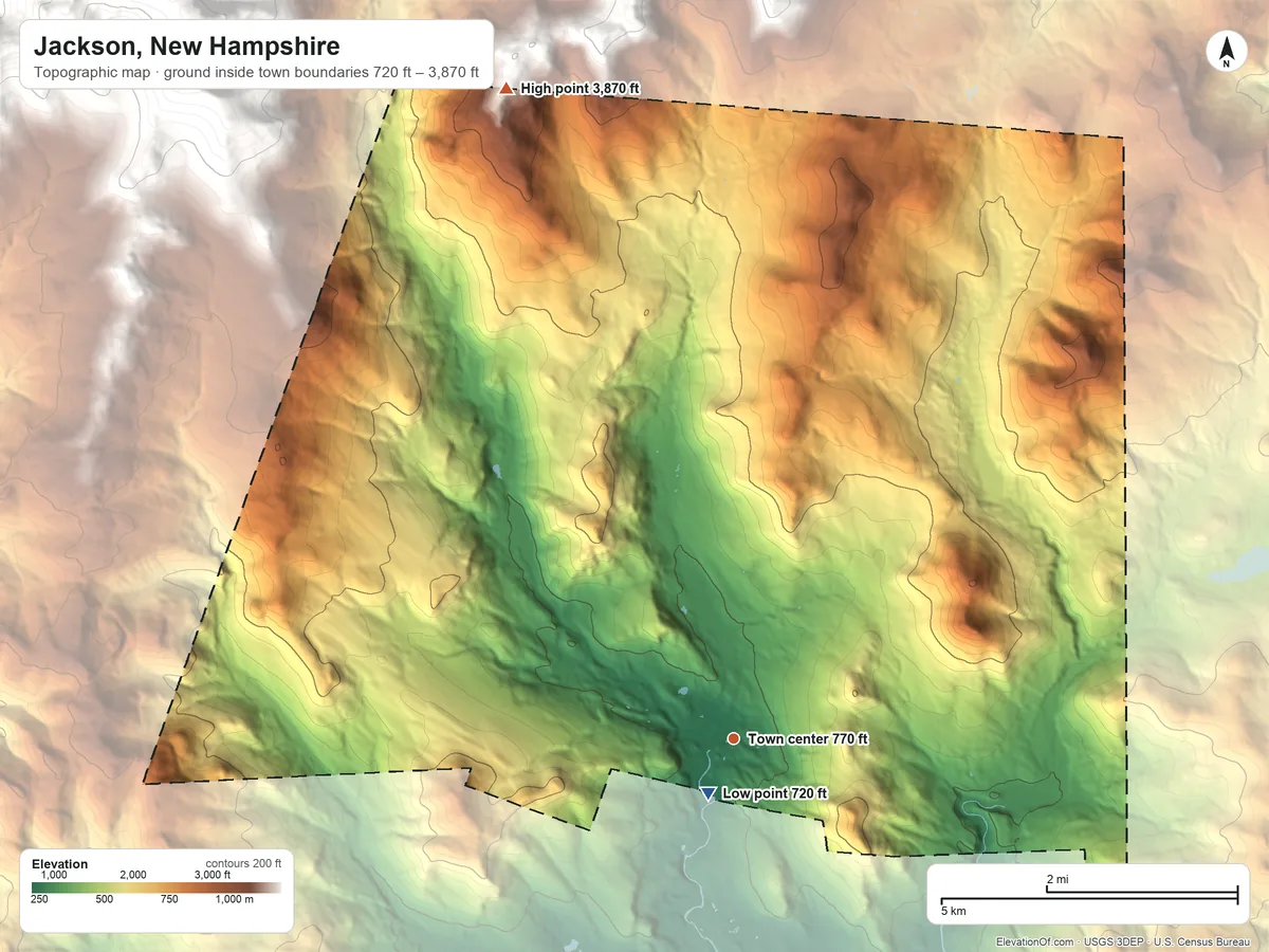 Topographic elevation map of Jackson, New Hampshire, shaded from 720 ft near the middle to 3,870 ft at the foot of the Presidential Range