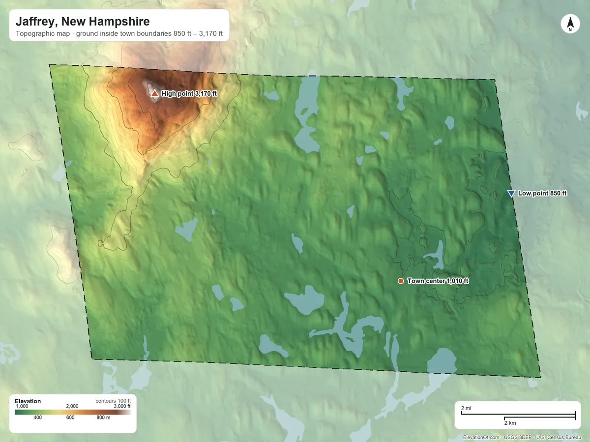 Topographic elevation map of Jaffrey, New Hampshire, shaded from 850 ft on the northeast side to 3,170 ft on Monadnock Mountain