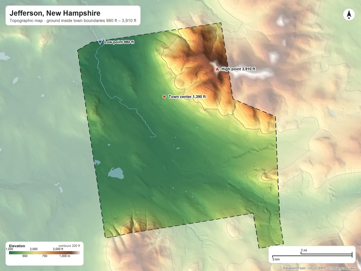 Topographic elevation map of Jefferson, New Hampshire, shaded from 980 ft on the northwest side to 3,910 ft on Mount Starr King